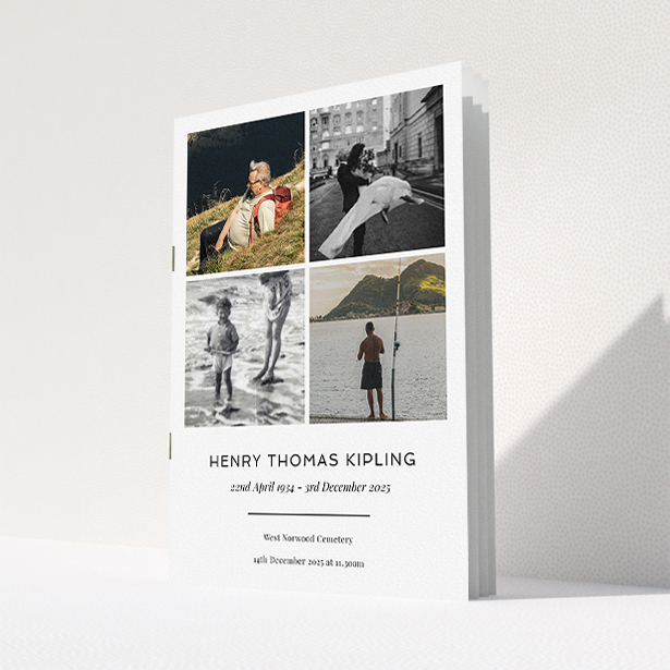 A funeral order of service named "Many Photos. It is an A5 booklet in a portrait orientation. It is a photographic funeral order of service with room for 4 photos. "Many Photos" is available as a folded booklet booklet, with tones of white and black.