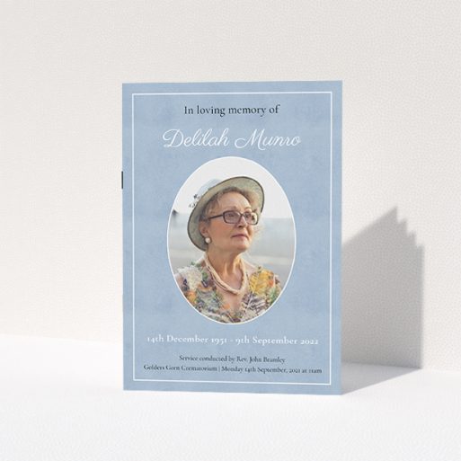 A funeral order of service named "Oval Frame. It is an A5 booklet in a portrait orientation. It is a photographic funeral order of service with room for 1 photo. "Oval Frame" is available as a folded booklet booklet, with neutral tones.