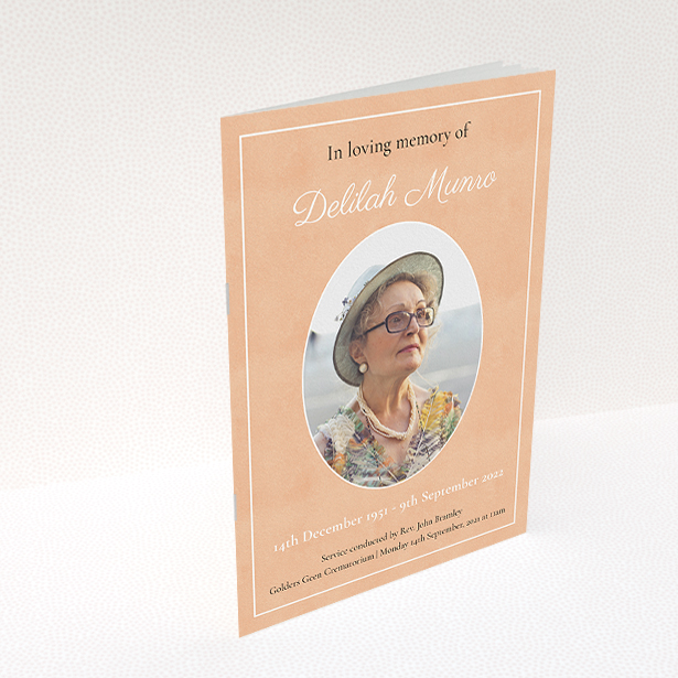 A funeral order of service named "Oval Frame. It is an A5 booklet in a portrait orientation. It is a photographic funeral order of service with room for 1 photo. "Oval Frame" is available as a folded booklet booklet, with splashes of light pink.