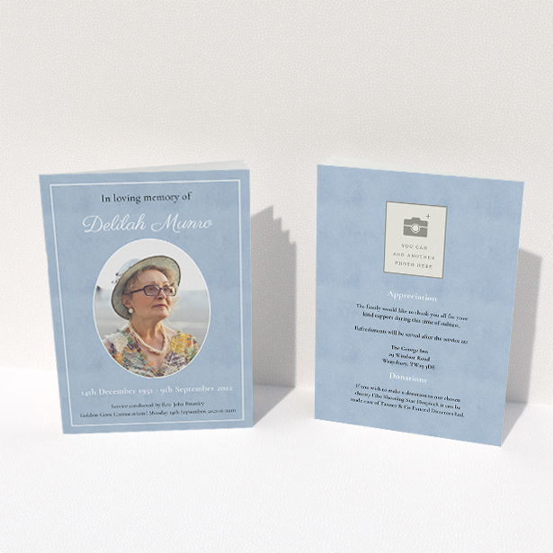 A funeral order of service named "Oval Frame. It is an A5 booklet in a portrait orientation. It is a photographic funeral order of service with room for 1 photo. "Oval Frame" is available as a folded booklet booklet, with neutral tones.