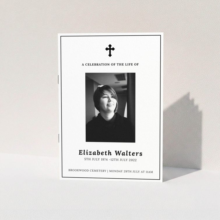 A funeral order of service named "Simple and Straightforward. It is an A5 booklet in a portrait orientation. It is a photographic funeral program with room for 1 photo. "Simple and Straightforward" is available as a folded booklet booklet, with tones of white and black.