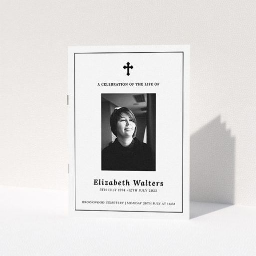 A funeral order of service named "Simple and Straightforward. It is an A5 booklet in a portrait orientation. It is a photographic funeral program with room for 1 photo. "Simple and Straightforward" is available as a folded booklet booklet, with tones of white and black.