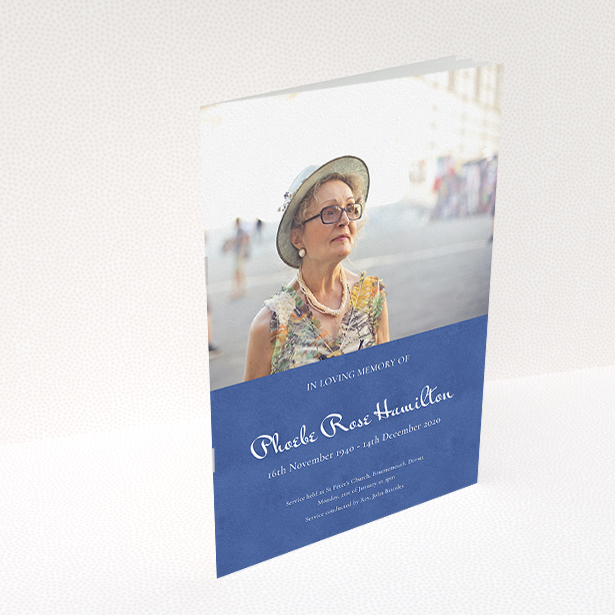 A funeral order of service named "Simple Elegance. It is an A5 booklet in a portrait orientation. It is a photographic funeral order of service with room for 1 photo. "Simple Elegance" is available as a folded booklet booklet, with neutral tones.