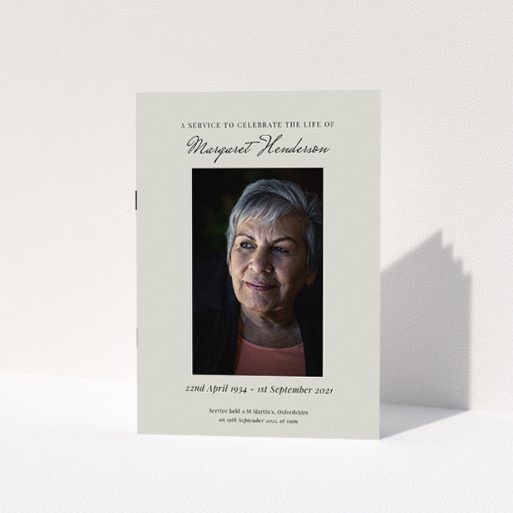 A funeral order of service named "Simple Portrait. It is an A5 booklet in a portrait orientation. It is a photographic funeral order of service with room for 1 photo. "Simple Portrait" is available as a folded booklet booklet, with tones of cream and grey.