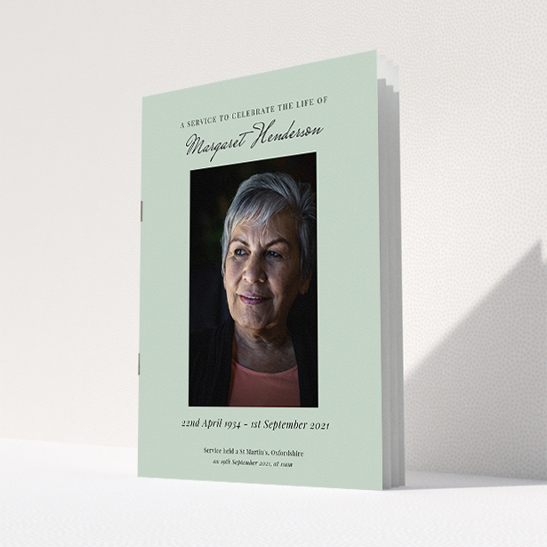 A funeral order of service named "Simple Portrait. It is an A5 booklet in a portrait orientation. It is a photographic funeral order of service with room for 1 photo. "Simple Portrait" is available as a folded booklet booklet, with splashes of green.