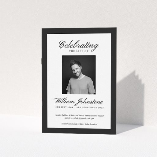 A funeral order of service named "Stoic Border. It is an A5 booklet in a portrait orientation. It is a photographic funeral program with room for 1 photo. "Stoic Border" is available as a folded booklet booklet, with tones of white and black.