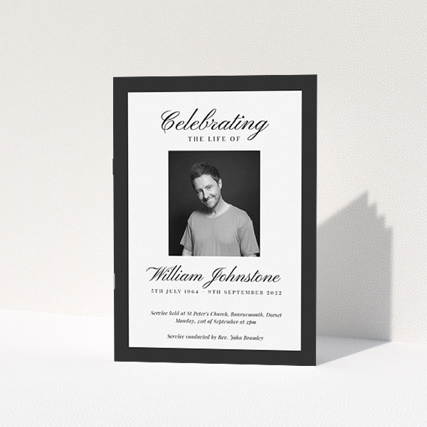 A funeral order of service named "Stoic Border. It is an A5 booklet in a portrait orientation. It is a photographic funeral program with room for 1 photo. "Stoic Border" is available as a folded booklet booklet, with tones of white and black.