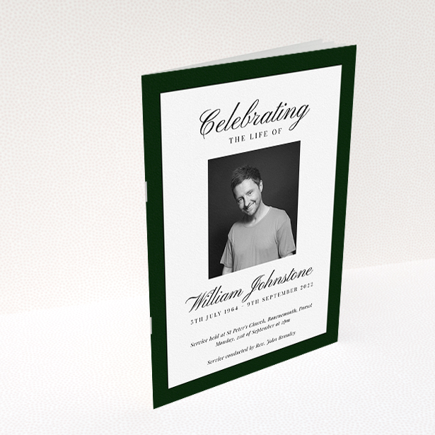 A funeral order of service named "Stoic Border. It is an A5 booklet in a portrait orientation. It is a photographic funeral order of service with room for 1 photo. "Stoic Border" is available as a folded booklet booklet, with splashes of white.