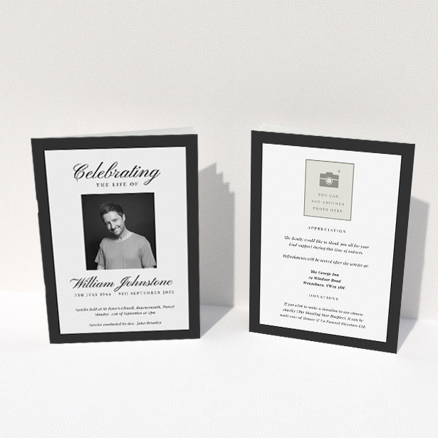 A funeral order of service named "Stoic Border. It is an A5 booklet in a portrait orientation. It is a photographic funeral order of service with room for 1 photo. "Stoic Border" is available as a folded booklet booklet, with tones of white and black.