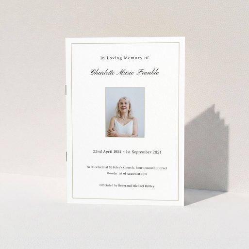 Funeral Order of Service Template - "Straightforward" A funeral order of service named "Straightforward. It is an A5 booklet in a portrait orientation. It is a photographic funeral program with room for 1 photo. "Straightforward" is available as a folded booklet booklet, with tones of white and yellow.