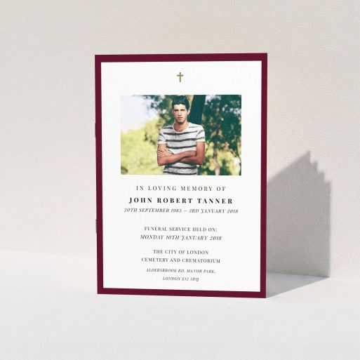 Funeral Order of Service Design - "Thick maroon" A funeral order of service named "Thick maroon". It is an A5 booklet in a portrait orientation. It is a photographic funeral order of service with room for 1 photo. "Thick maroon" is available as a folded booklet booklet, with tones of burgundy and white.