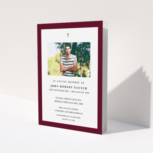 A funeral order of service named 'Thick maroon'. It is an A5 booklet in a portrait orientation. It is a photographic funeral order of service with room for 1 photo. 'Thick maroon' is available as a folded booklet booklet, with tones of burgundy and white.