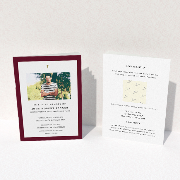A funeral order of service named "Thick maroon". It is an A5 booklet in a portrait orientation. It is a photographic funeral order of service with room for 1 photo. "Thick maroon" is available as a folded booklet booklet, with tones of burgundy and white.
