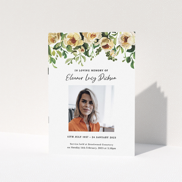 A funeral order of service named "yellow roses. It is an A5 booklet in a portrait orientation. It is a photographic funeral program with room for 1 photo. "yellow roses" is available as a folded booklet booklet, with tones of green, light pink and yellow.