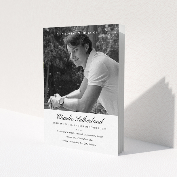 A funeral order of service named 'Bold Elegance. It is an A5 booklet in a portrait orientation. It is a photographic funeral program with room for 1 photo. 'Bold Elegance' is available as a folded booklet booklet, with splashes of white.