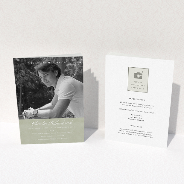 A funeral order of service named "Bold Elegance. It is an A5 booklet in a portrait orientation. It is a photographic funeral program with room for 1 photo. "Bold Elegance" is available as a folded booklet booklet, with splashes of green.
