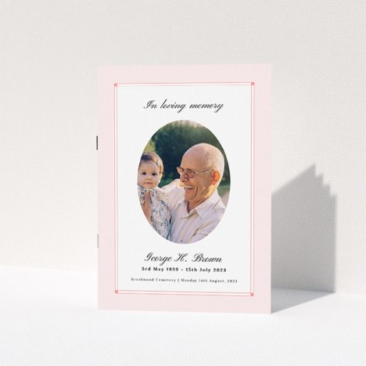 A funeral order of service named "Bright Border. It is an A5 booklet in a portrait orientation. It is a photographic funeral program with room for 1 photo. "Bright Border" is available as a folded booklet booklet, with splashes of light pink.