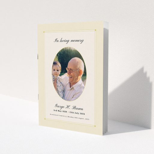 A funeral order of service named 'Bright Border. It is an A5 booklet in a portrait orientation. It is a photographic funeral program with room for 1 photo. 'Bright Border' is available as a folded booklet booklet, with tones of yellow, gold and cream.