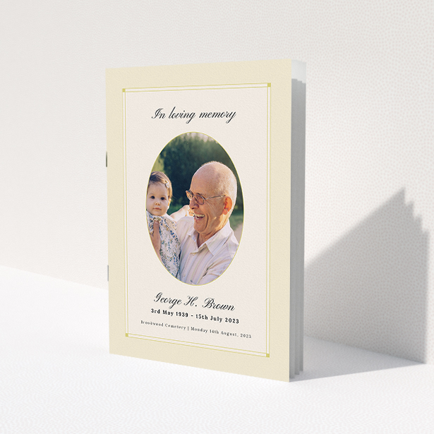 A funeral order of service named "Bright Border. It is an A5 booklet in a portrait orientation. It is a photographic funeral program with room for 1 photo. "Bright Border" is available as a folded booklet booklet, with tones of yellow, gold and cream.