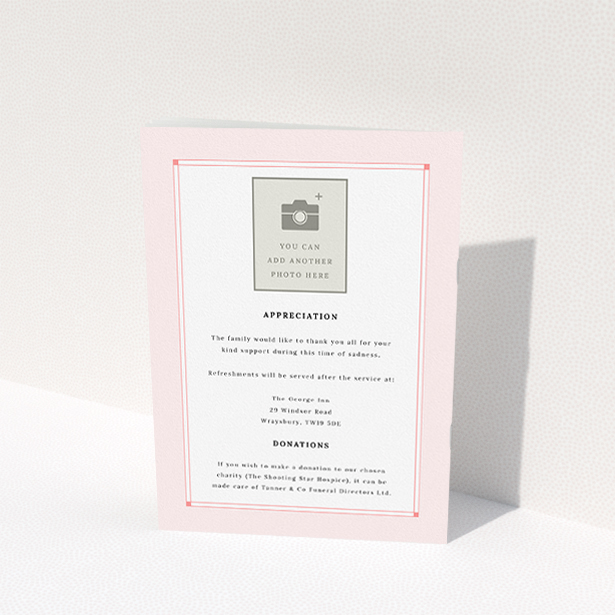 A funeral order of service named "Bright Border. It is an A5 booklet in a portrait orientation. It is a photographic funeral program with room for 1 photo. "Bright Border" is available as a folded booklet booklet, with splashes of light pink.