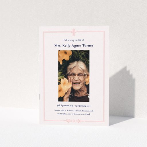 A funeral order of service named "Classic Christian. It is an A5 booklet in a portrait orientation. It is a photographic funeral order of service with room for 1 photo. "Classic Christian" is available as a folded booklet booklet, with splashes of light pink.