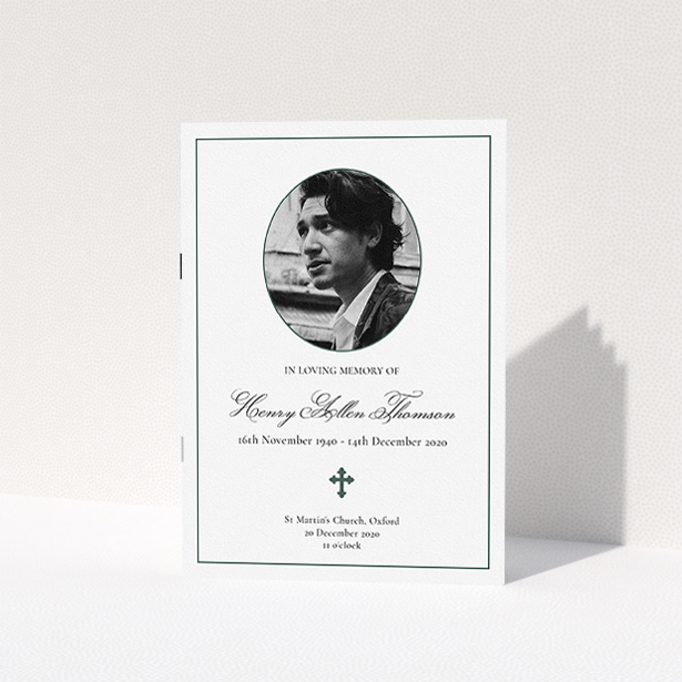 A funeral order of service named "Elegant Cross. It is an A5 booklet in a portrait orientation. It is a photographic funeral order of service with room for 1 photo. "Elegant Cross" is available as a folded booklet booklet, with tones of white and green.