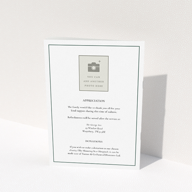 A funeral order of service named "Elegant Cross. It is an A5 booklet in a portrait orientation. It is a photographic funeral order of service with room for 1 photo. "Elegant Cross" is available as a folded booklet booklet, with tones of white and green.