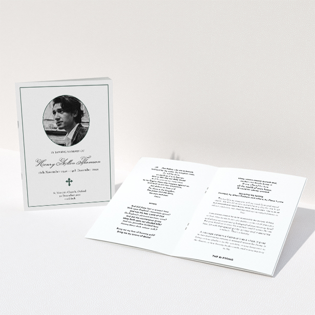 A funeral order of service named "Elegant Cross. It is an A5 booklet in a portrait orientation. It is a photographic funeral order of service with room for 1 photo. "Elegant Cross" is available as a folded booklet booklet, with tones of white and green.