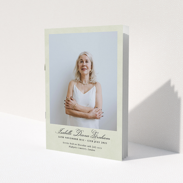 A funeral order of service named "Great Portrait. It is an A5 booklet in a portrait orientation. It is a photographic funeral program with room for 1 photo. "Great Portrait" is available as a folded booklet booklet, with splashes of green.