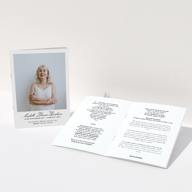 A funeral order of service named "Great Portrait. It is an A5 booklet in a portrait orientation. It is a photographic funeral order of service with room for 1 photo. "Great Portrait" is available as a folded booklet booklet, with splashes of white.
