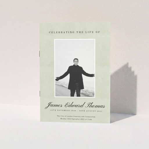 Funeral Service Booklet - "Hazy background" A funeral order of service named "Hazy background. It is an A5 booklet in a portrait orientation. It is a photographic funeral program with room for 1 photo. "Hazy background" is available as a folded booklet booklet, with splashes of green.