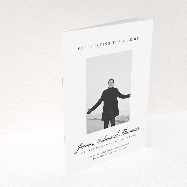 A funeral order of service named "Hazy background. It is an A5 booklet in a portrait orientation. It is a photographic funeral program with room for 1 photo. "Hazy background" is available as a folded booklet booklet, with tones of white and black.