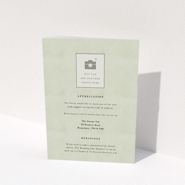 A funeral order of service named "Hazy background. It is an A5 booklet in a portrait orientation. It is a photographic funeral order of service with room for 1 photo. "Hazy background" is available as a folded booklet booklet, with splashes of green.
