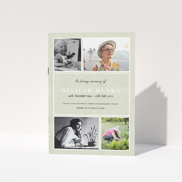 A funeral order of service named "Lots of Photos. It is an A5 booklet in a portrait orientation. It is a photographic funeral program with room for 4 photos. "Lots of Photos" is available as a folded booklet booklet, with splashes of green.