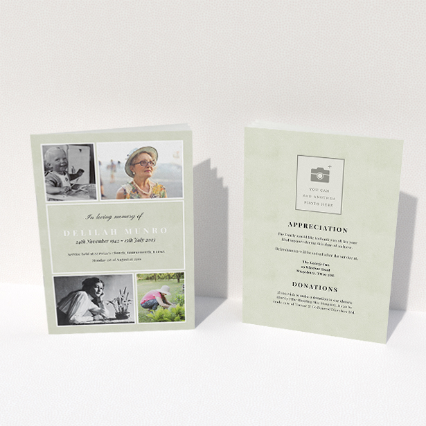 A funeral order of service named "Lots of Photos. It is an A5 booklet in a portrait orientation. It is a photographic funeral program with room for 4 photos. "Lots of Photos" is available as a folded booklet booklet, with splashes of green.