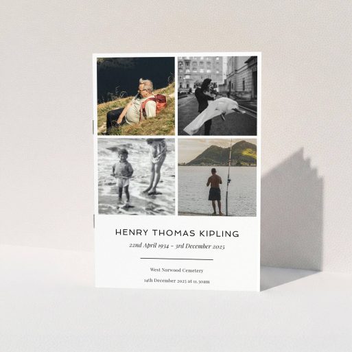Funeral Service Booklet - "Many Photos" A funeral order of service named "Many Photos. It is an A5 booklet in a portrait orientation. It is a photographic funeral program with room for 4 photos. "Many Photos" is available as a folded booklet booklet, with tones of white and black.