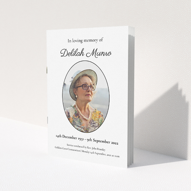 A funeral order of service named "Oval Frame. It is an A5 booklet in a portrait orientation. It is a photographic funeral order of service with room for 1 photo. "Oval Frame" is available as a folded booklet booklet, with tones of white and black.