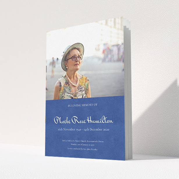 A funeral order of service named "Simple Elegance. It is an A5 booklet in a portrait orientation. It is a photographic funeral order of service with room for 1 photo. "Simple Elegance" is available as a folded booklet booklet, with neutral tones.