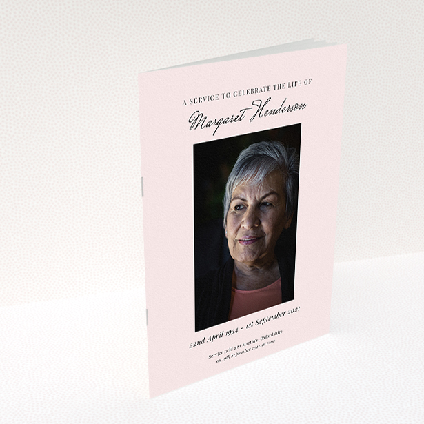 A funeral order of service named "Simple Portrait. It is an A5 booklet in a portrait orientation. It is a photographic funeral order of service with room for 1 photo. "Simple Portrait" is available as a folded booklet booklet, with splashes of light pink.