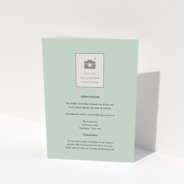 A funeral order of service named "Simple Portrait. It is an A5 booklet in a portrait orientation. It is a photographic funeral order of service with room for 1 photo. "Simple Portrait" is available as a folded booklet booklet, with splashes of green.