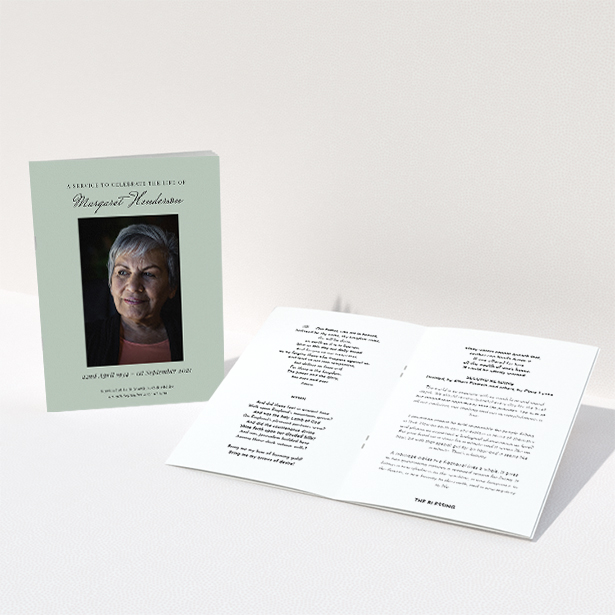 A funeral order of service named "Simple Portrait. It is an A5 booklet in a portrait orientation. It is a photographic funeral order of service with room for 1 photo. "Simple Portrait" is available as a folded booklet booklet, with splashes of green.