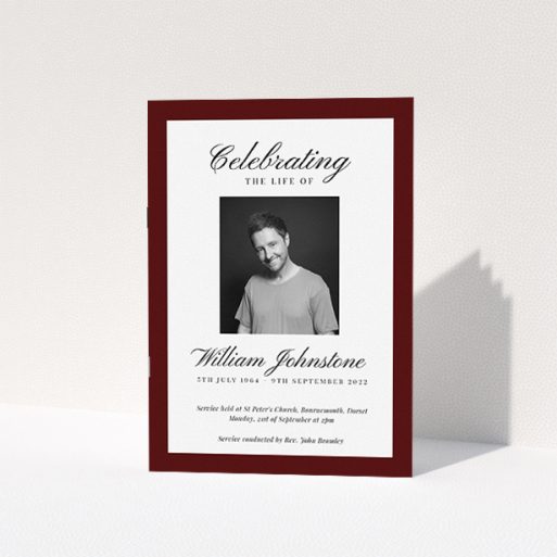 A funeral order of service named "Stoic Border. It is an A5 booklet in a portrait orientation. It is a photographic funeral order of service with room for 1 photo. "Stoic Border" is available as a folded booklet booklet, with tones of white, maroon and red.