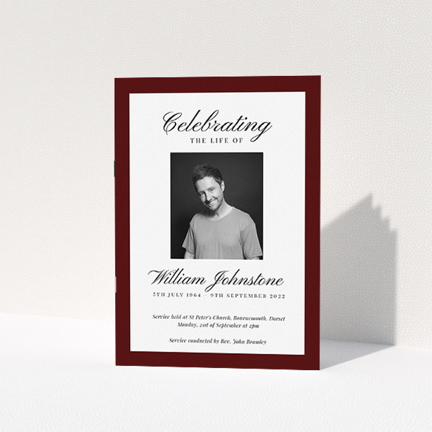 A funeral order of service named "Stoic Border. It is an A5 booklet in a portrait orientation. It is a photographic funeral order of service with room for 1 photo. "Stoic Border" is available as a folded booklet booklet, with tones of white, maroon and red.
