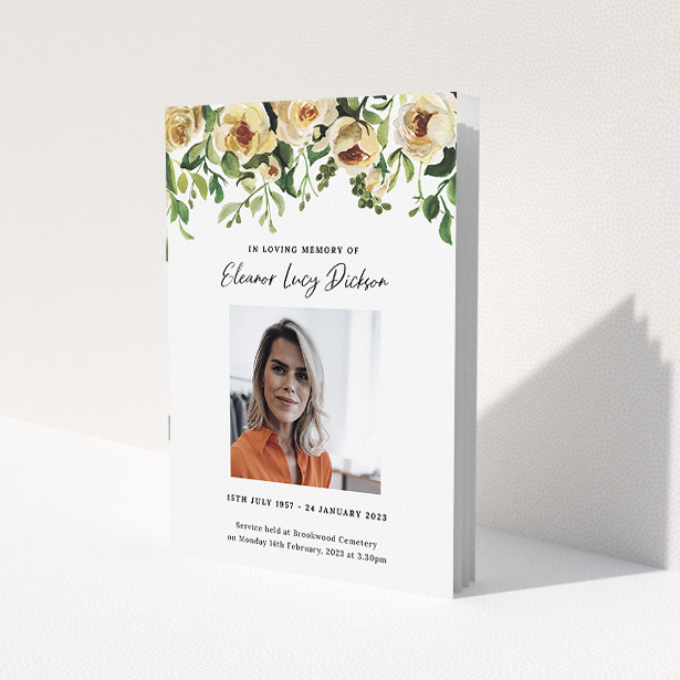 A funeral order of service named 'yellow roses. It is an A5 booklet in a portrait orientation. It is a photographic funeral program with room for 1 photo. 'yellow roses' is available as a folded booklet booklet, with tones of green, light pink and yellow.