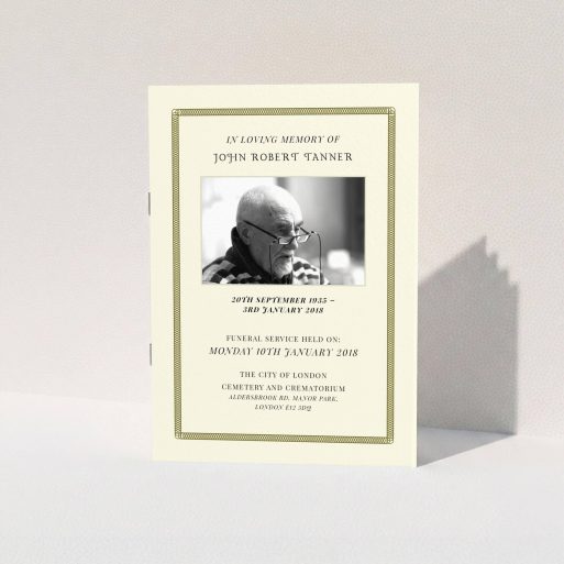 Funeral Service Program Design - "A line of circles" A funeral service program named "A line of circles". It is an A5 booklet in a portrait orientation. It is a photographic funeral service program with room for 1 photo. "A line of circles" is available as a folded booklet booklet, with tones of cream and gold.