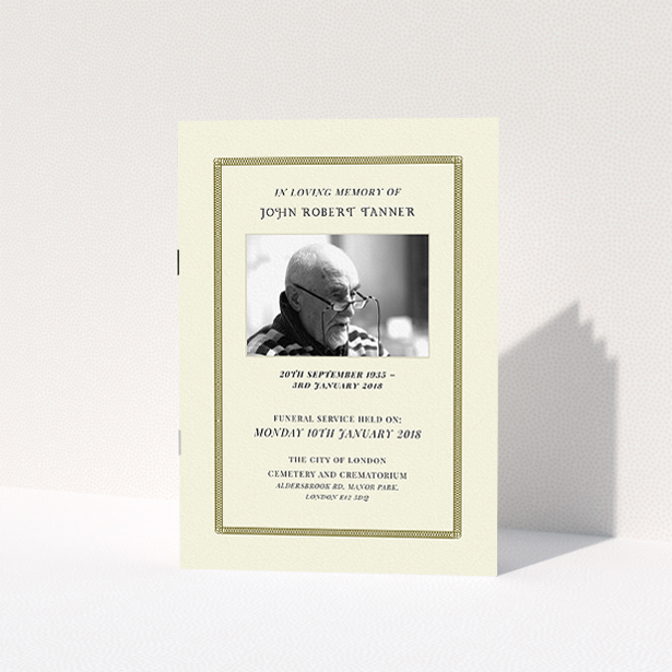 A funeral service program named "A line of circles". It is an A5 booklet in a portrait orientation. It is a photographic funeral service program with room for 1 photo. "A line of circles" is available as a folded booklet booklet, with tones of cream and gold.