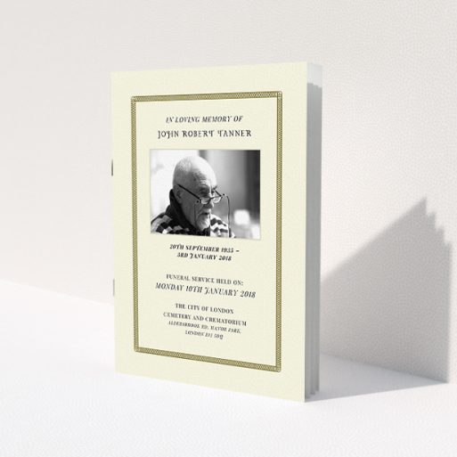 A funeral service program named 'A line of circles'. It is an A5 booklet in a portrait orientation. It is a photographic funeral service program with room for 1 photo. 'A line of circles' is available as a folded booklet booklet, with tones of cream and gold.