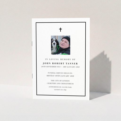 Funeral Service Program Design - "Black-and-white" A funeral service program called "Black-and-white". It is an A5 booklet in a portrait orientation. It is a photographic funeral service program with room for 1 photo. "Black-and-white" is available as a folded booklet booklet, with mainly white colouring.