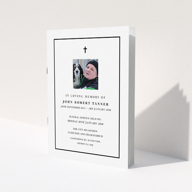 A funeral service program called 'Black-and-white'. It is an A5 booklet in a portrait orientation. It is a photographic funeral service program with room for 1 photo. 'Black-and-white' is available as a folded booklet booklet, with mainly white colouring.