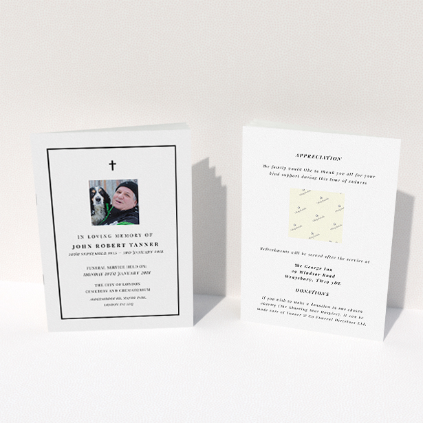 A funeral service program called "Black-and-white". It is an A5 booklet in a portrait orientation. It is a photographic funeral service program with room for 1 photo. "Black-and-white" is available as a folded booklet booklet, with mainly white colouring.